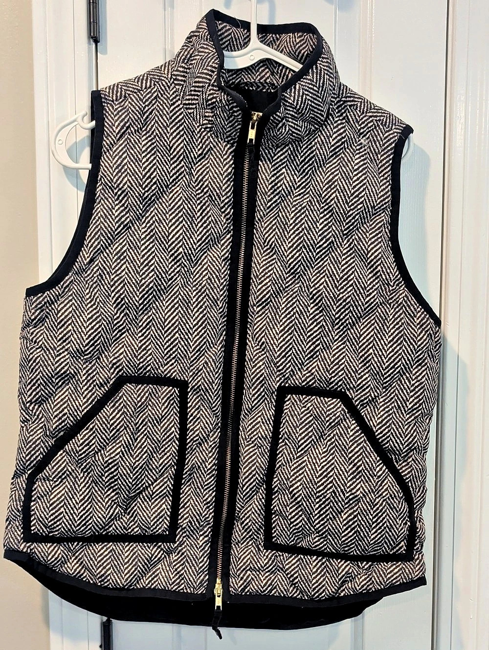 J.Crew Excursion Quilted Down Vest in Herringbone Black & White Medium